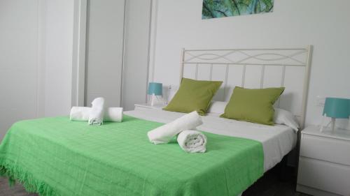 een slaapkamer met twee bedden met groen en wit bij apartamento rio salado in Conil de la Frontera