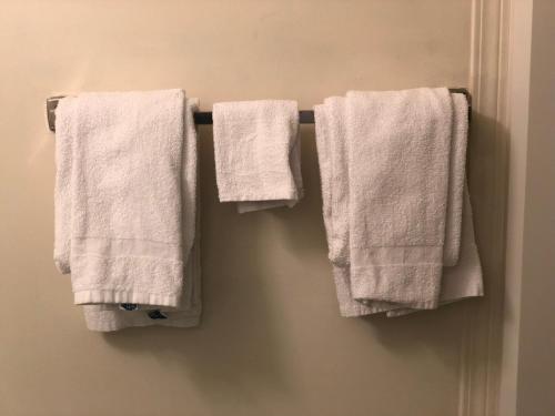 three towels hanging on a towel rack in a bathroom at Westwind Motor Inn Hotel in Drayton Valley