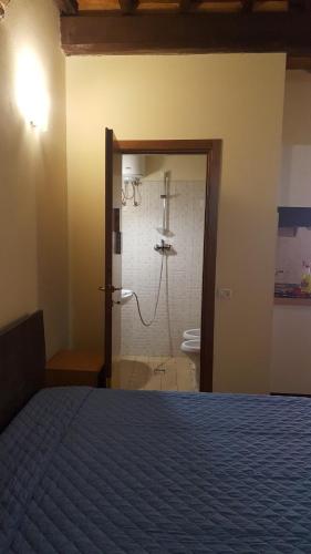 a bedroom with a bed and a bathroom with a shower at Via della Posterna in Spoleto