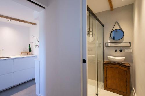 een badkamer met een wastafel, een toilet en een spiegel bij Studio Haarlemenmeer in Cruquius