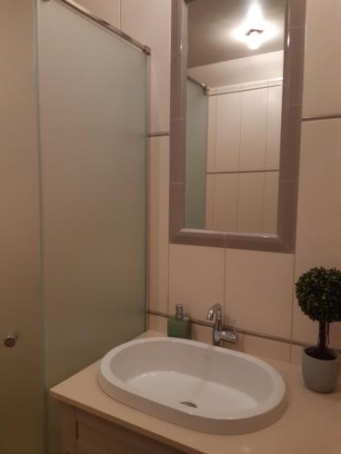 uma casa de banho com um lavatório branco e um espelho. em Savimäe puhkemaja em MikitamÃ¤e