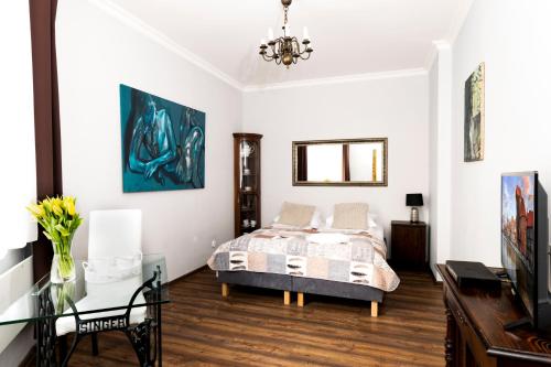 1 dormitorio con cama, mesa y TV en Apartament Łagiewniki, en Gdansk