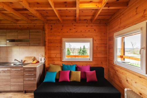 ein Zimmer mit Couch in einem winzigen Haus in der Unterkunft Domki Sielanka in Niechorze