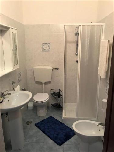 a bathroom with a shower and a toilet and a sink at B&B Teodora in Gaggi