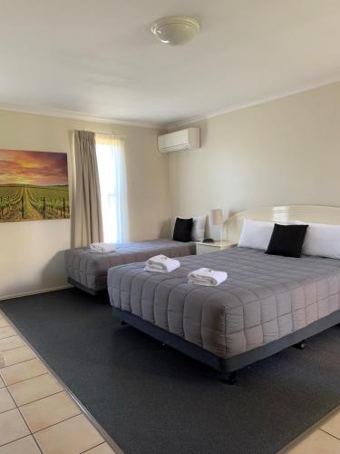 a bedroom with two beds and a window at Biloela Palms Motor Inn in Biloela