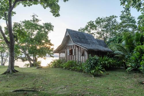 an old house with a thatched roof and trees at Ratua Private Island Resort in Aimbuei Bay
