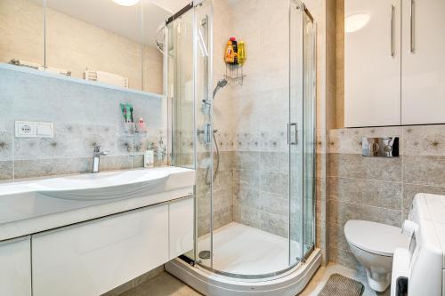 a bathroom with a shower and a sink and a toilet at HaPPy INN Studio Historic center, Self check-in, AC, Parking in the undergrnd Garage, in Vilnius
