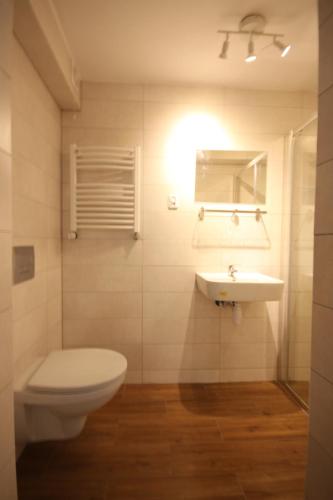 a bathroom with a toilet and a sink at Wigury Stay in Częstochowa