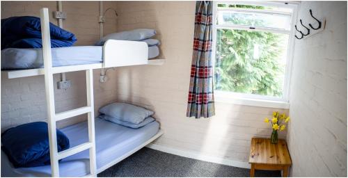 a room with two bunk beds and a window at Loch Ness Lochside Hostel, Over 16s Only in Invermoriston