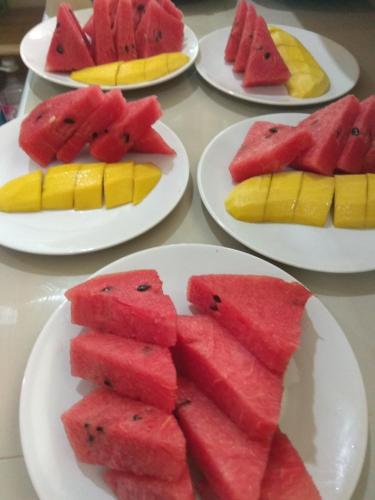 三百岭斯特拉度假酒店的一堆盘子里装着西瓜片和菠萝片。
