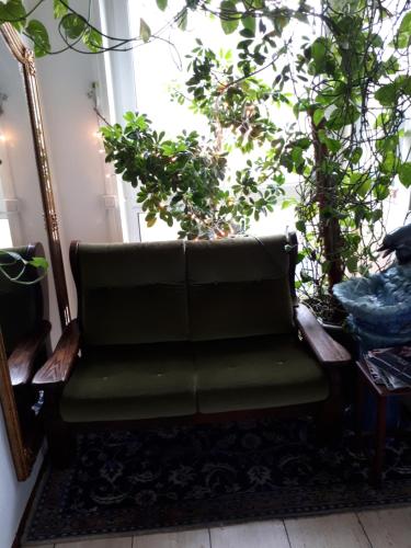 a green couch sitting in a room with a window at Hotel Restaurant Anna in Ramstein-Miesenbach