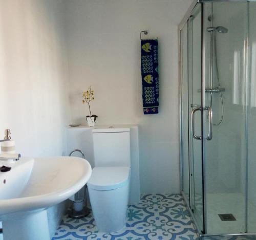 uma casa de banho com um WC, um lavatório e um chuveiro em VuT San Blas em Ciudad-Rodrigo