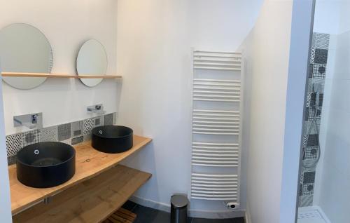 a bathroom with two sinks and mirrors on a shelf at VILLA "Le LOFT" in Wimereux