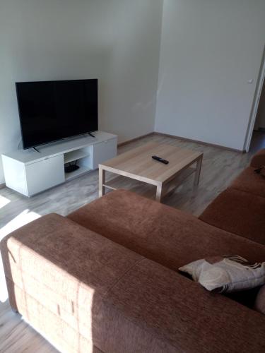 a living room with a flat screen tv and a couch at Apartmány Karviná in Karviná
