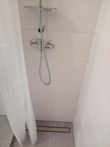 a shower with a shower curtain in a bathroom at Apartmány Karviná in Karviná