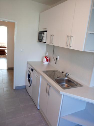a kitchen with a sink and a washing machine at Apartmány Karviná in Karviná