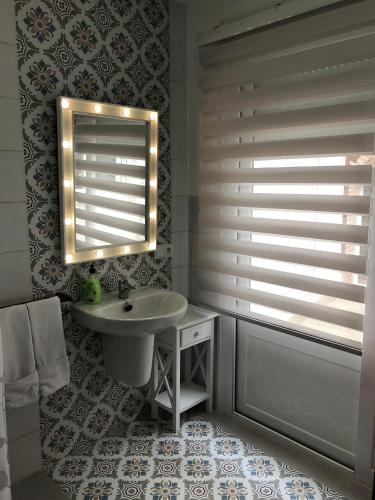 a bathroom with a sink and a mirror at Retiro del Teatro Almagro in Almagro