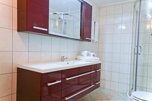 ein Bad mit einem Waschbecken und einer Dusche in der Unterkunft Pension Rainer in Ellmau