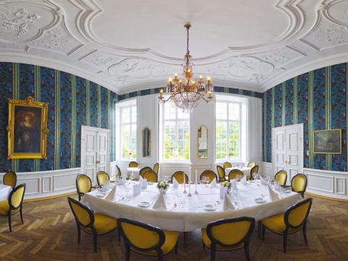 a meeting room with a large table and chairs at Hotel Schloss Wilkinghege in Münster