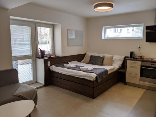 ein Schlafzimmer mit einem Bett in einem Zimmer mit Fenstern in der Unterkunft AP10 - Apartments 4U Březinova "Overnight Simply" in Hradec Králové