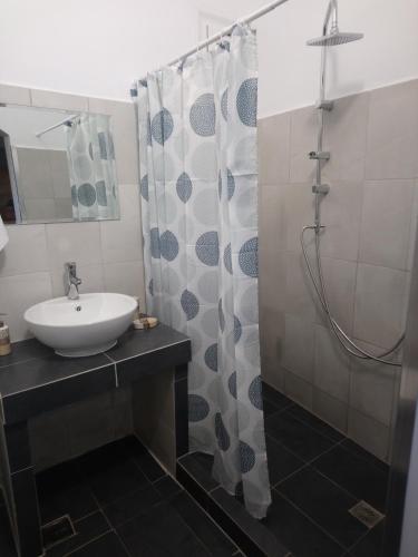 a bathroom with a sink and a shower at JK's GUESTHOUSE KARDAMAINA in Kardamaina