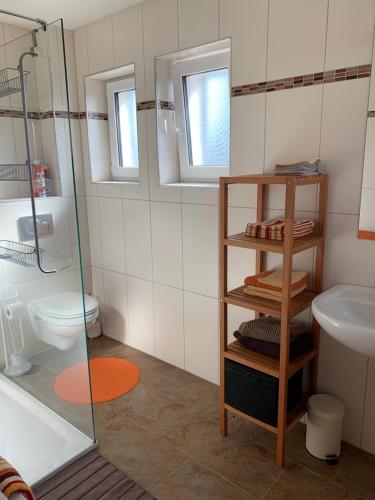 a bathroom with a shower and a toilet and a sink at Moderne Ferienwohnung mit Balkon im schönen Saarland in Pachten