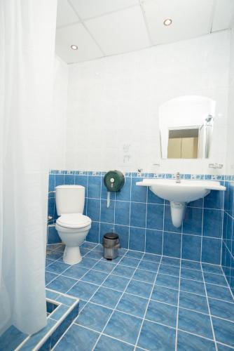 a blue tiled bathroom with a toilet and a sink at Holiday Village Interpark in Kranevo