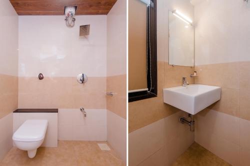 two pictures of a bathroom with a toilet and a sink at Hotel Park Inn in Vasai