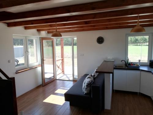 a living room with a couch and a kitchen at Domek na Mazurach RoJo, Polska Wieś 26H in Mrągowo