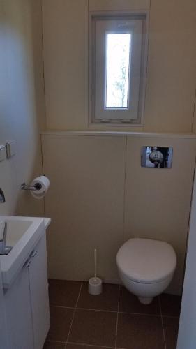 a bathroom with a toilet and a sink and a window at Domek Pod Brzozami in Świnna