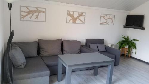 a living room with a couch and a table at Domek Pod Brzozami in Świnna