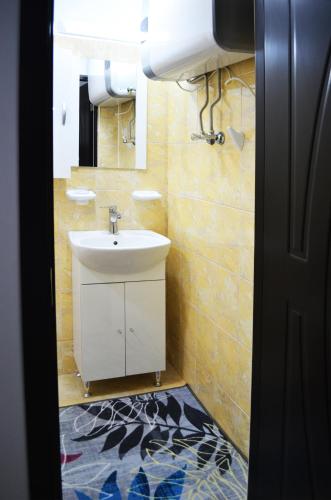 a bathroom with a white sink and a mirror at LUCA Apartments in Saturn