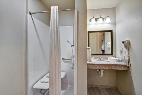 y baño con ducha y lavamanos. en Cobblestone Hotel & Suites Pulaski/Green Bay, en Pulaski