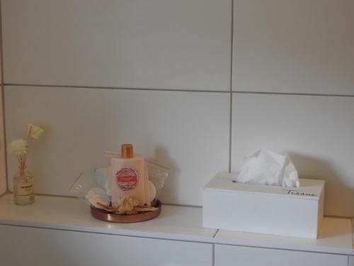 a counter with a box of tissues and a box of tissues at Warmbad Apartments in Villach
