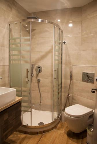 a bathroom with a shower with a toilet and a sink at Hotel Erika in Alexandroupoli
