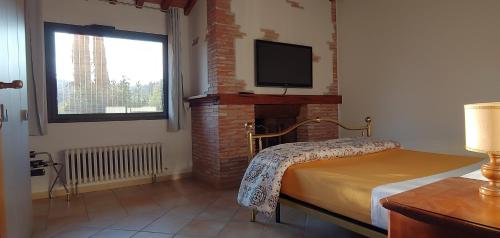 a bedroom with a bed and a fireplace with a television at Torrebianca Tuscany in Rignano sullʼArno