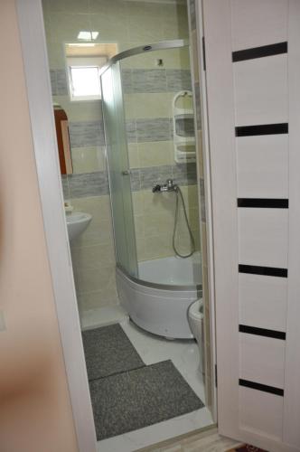 a bathroom with a shower and a toilet at Guest House Nur in Kochkorka
