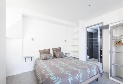 een slaapkamer met een bed en een inloopdouche bij Studio Le Nid du Saleys in Salies-de-Béarn