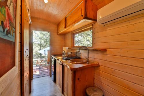 a kitchen with a sink in a wooden cabin at Le Mas de la Lombarde in Lourmarin