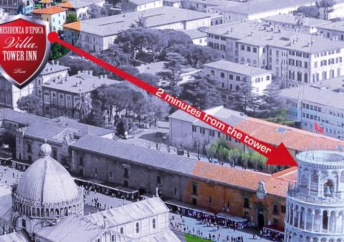 an aerial view of a city with a red arrow pointing to a building at Villa Tower Inn in Pisa