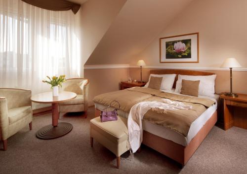 a bedroom with a bed and a table and a chair at Dr. Adler Spa & Kurhotel in Františkovy Lázně