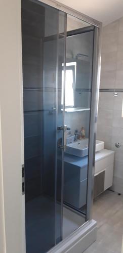 een glazen douche in een badkamer met een wastafel bij Apartmani Riva in Rogoznica