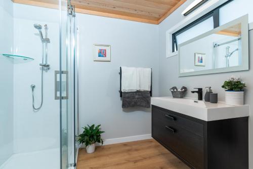 a bathroom with a shower and a sink at Glenbervie Bed & Breakfast in Whangarei