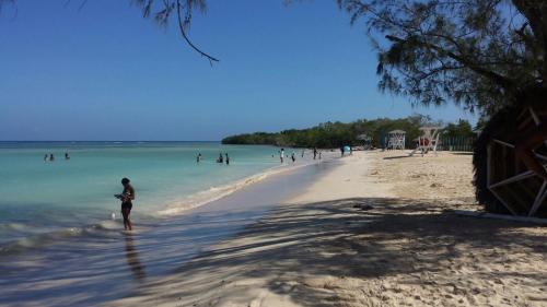 a person standing on a beach with people in the water at Falmouth Oasis in Florence Hall