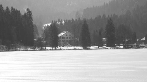 a black and white photo of a house next to a snow covered field at Hotel Restaurant L Echo du Lac in Gérardmer