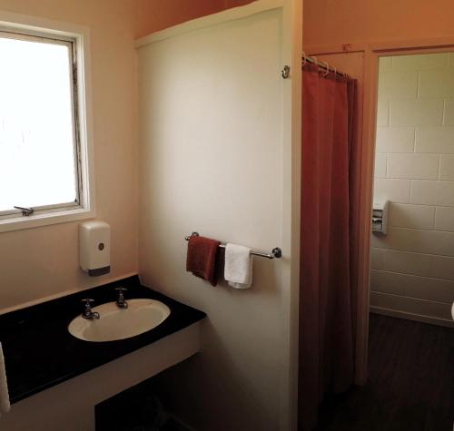 a bathroom with a sink and a window at Kea Motel in Putaruru