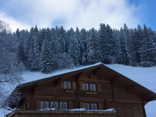 a log cabin in the snow with trees at Apartment Abelied by Interhome in Adelboden