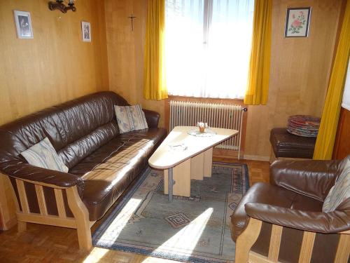 エンゲルベルクにあるApartment Steinacher by Interhomeのリビングルーム(革張りのソファ、テーブル付)