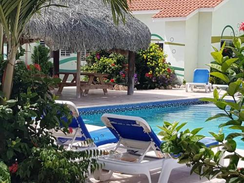 uma piscina com duas cadeiras, uma mesa e um guarda-sol em Breathtaking View - Playa Lagun - Curacao em Lagun