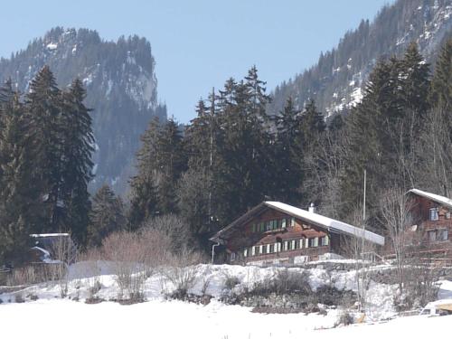 a house in the snow in front of a mountain at Apartment Auf der Mauer by Interhome in Oberwil